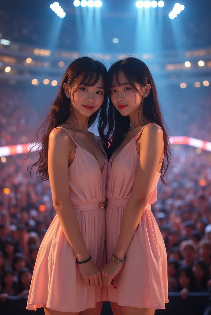 Beautiful Japanese 2 girl、V-neck sleeveless dress、high resolution、High resolution、Realistic、Realistic skin texture、Photographed by a professional photographer、Stage Photos、Singing in front of fans at the stadium、looking at the camera、Looking at me and smiling、Live footage、Sense of presence