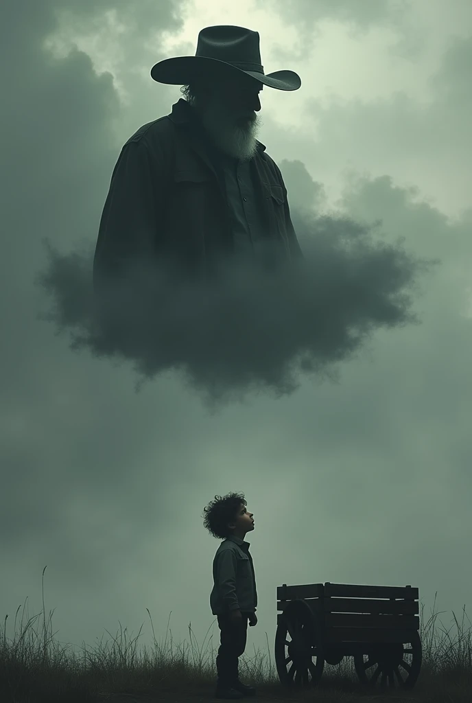 silhouette, 70 year old dad with cattleman hat,  on a cloud in the grey sky, looking down at his  son, curly hair, with a wooden cart in hand, boy watching his dad,  dark fantasy,