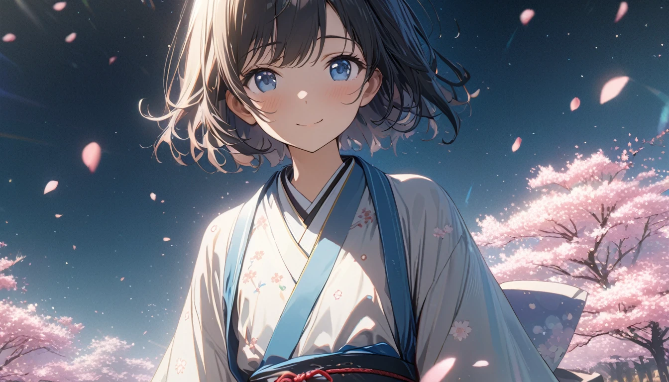 one girl, black short hair and bob hair、beautiful blue eyes、smile、gentle smile on her face、flat chest, one Beautiful girl,((masterpiece, illustration, best quality) ((ultra-detailed))\\Sunny day, standing under the cherry blossoms, Clothing、Japanese dress、White cherry blossom pattern、, 濃い青とBeautiful Blueのグラデーション, High resolution, 8K HD detail, hyper-detail, cinematic, surrealism, soft light, deep field focus bokeh, ray tracing and surrealism. --v6