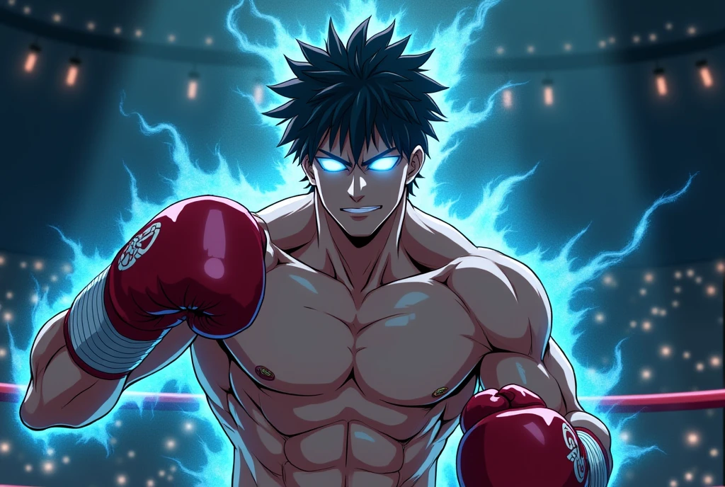 An anime character who is a boxer who has an aura coming out of his eyes.