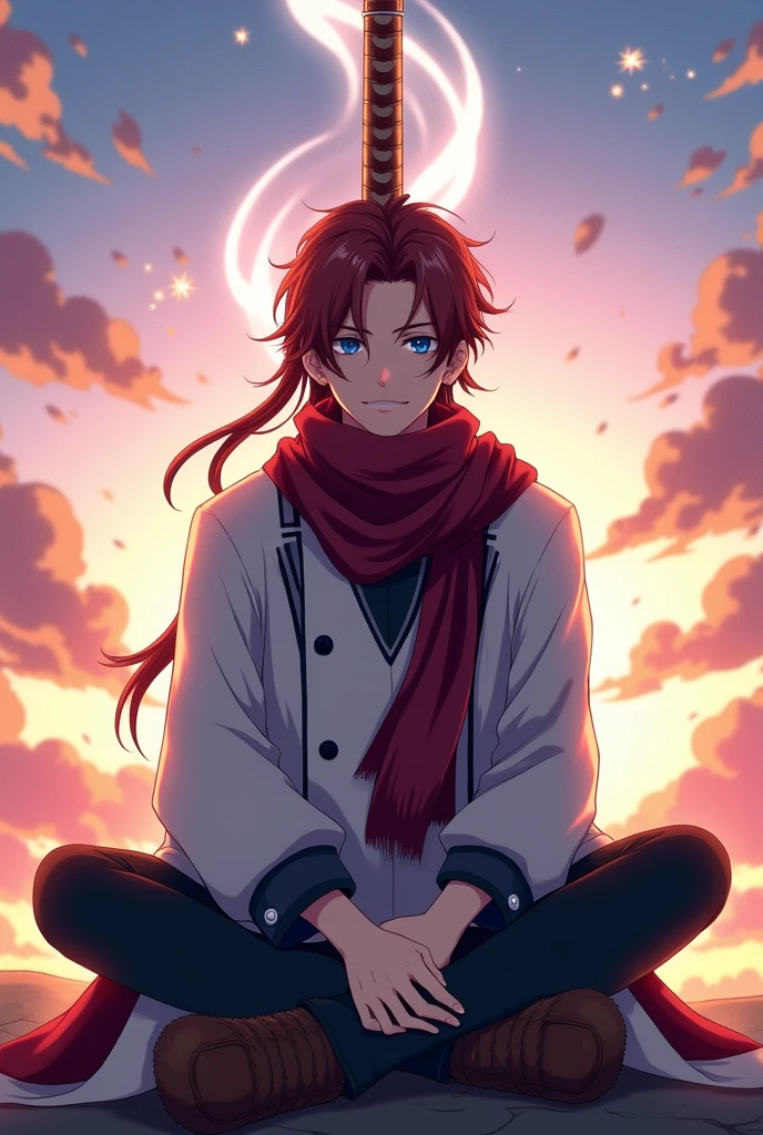 oc anime male, human race, fair skin and medium strong body, long hair, dark red in color and eyelashes of the same color, traditionally Japanese tied hair hairstyle, iris and indigo colored eyes, white pupil, would wear a scarf that would cover from his neck to his shoulders serving as a cape and having some defects in its wine-colored edges, white buttoned coat, reaching the height of the knees, with medium and rolled up sleeves with black details on the clothing, black pants and furry brown boots, would be sitting cross-legged behind a large divine-looking sword, watching the sunrise, while emanating a white aura through his body and the sword.