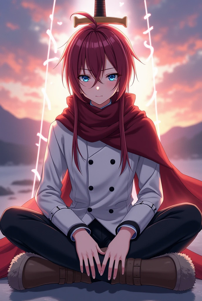 oc anime male, human race, fair skin and medium strong body, long hair, dark red in color and eyelashes of the same color, traditionally Japanese tied hair hairstyle, iris and indigo colored eyes, white pupil, would wear a scarf that would cover from his neck to his shoulders serving as a cape and having some defects in its wine-colored edges, white buttoned coat, reaching the height of the knees, with medium and rolled up sleeves with black details on the clothing, black pants and furry brown boots, would be sitting cross-legged behind a large divine-looking sword, watching the sunrise, while emanating a white aura through his body and the sword.
