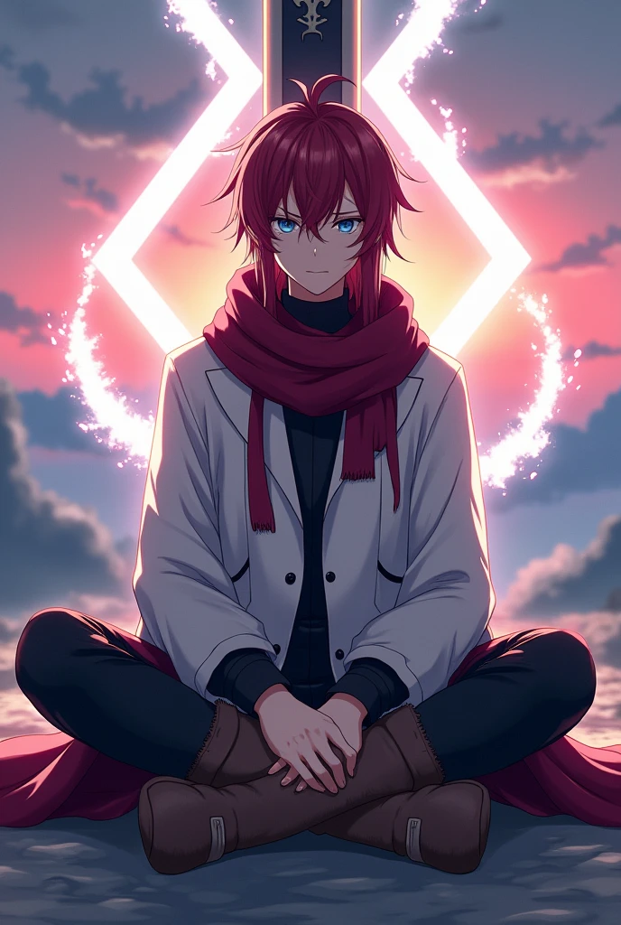 oc anime male, human race, fair skin and medium strong body, long hair, dark red in color and eyelashes of the same color, traditionally Japanese tied hair hairstyle, iris and indigo colored eyes, white pupil, would wear a scarf that would cover from his neck to his shoulders serving as a cape and having some defects in its wine-colored edges, white buttoned coat, reaching the height of the knees, with medium and rolled up sleeves with black details on the clothing, black pants and furry brown boots, would be sitting cross-legged behind a large divine-looking sword, watching the sunrise, while emanating a white aura through his body and the sword.