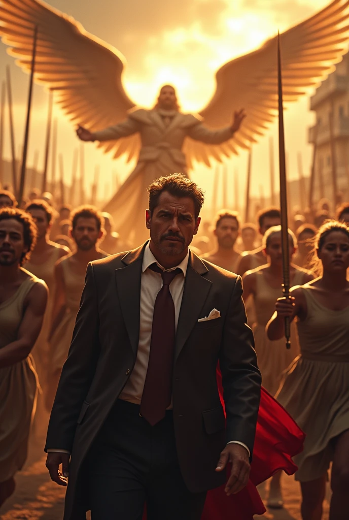 "In a moment of desperation, The dictator Nicolas Maduro, with an expression of palpable terror, run to his palace, seeking refuge in his fortress of power as he watches his forces being defeated one by one. Their faces reflect panic for the first time.. Behind him, A legion of angels follows him relentlessly, with their wings spread and swords shining. At the bottom of the image, The people, Inspired by the courage of angels, rises in an act of liberation. The crowd moves through the streets, breaking the chains that had kept them oppressed, and marches resolutely towards the palace. La escena captura el contraste entre el miedo del dictador y la determinación dThe people, with the image of the palace on the horizon, surrounded by an atmosphere of liberation and hope."