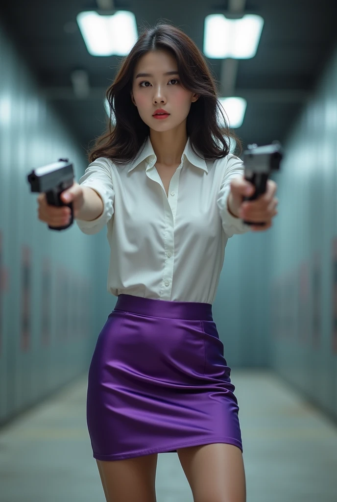 real person realistic beautiful korean office lady white shirt tight mini skirt satin violet stance open legs spreading arms straighten full portrait gun sexy legs aiming target practice pointing at you firing indoor shooting range ready to shoot serious look