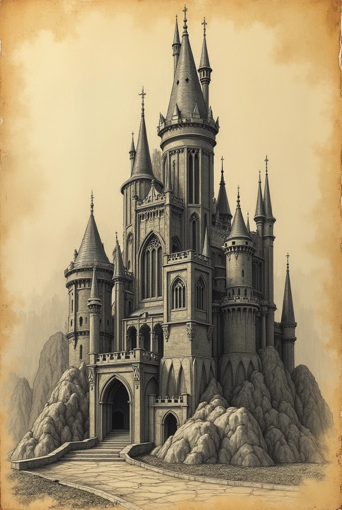Sketches of a castle in a sketchbook, lines made in graphite, yellowed leaf, Gothic art, best qualityer.