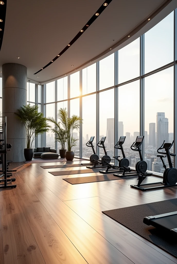 Create a hyper-realistic 3D image of a modern gym. The environment must be spacious and well lit., with an entire wall of glass offering a panoramic view of the city. The gym must have a contemporary design, with light wood floors and state-of-the-art equipment, including mats, exercise bikes, free weights and weight training equipment. Natural light entering through the glass wall reflects on the equipment, creating a motivating and welcoming environment. Details such as large potted plants and a stylish seating area should complement the design..