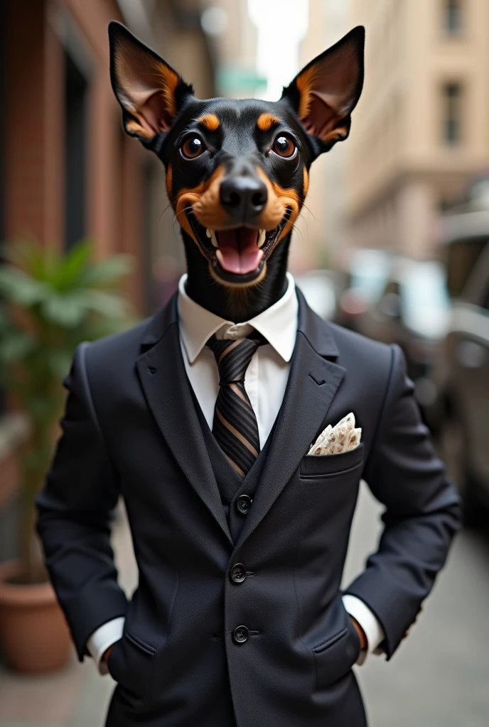 Pincher dog in a designer suit