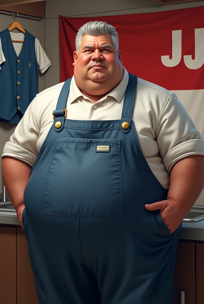 Jo pas intelligent chef de jnj qui prend tout le monde pour des polonais il a des salopettes gros svec un gros ventre logo jnj en arriere en violet
Drapeau pologne arriere plan
Gilet bleu pendu sur un cintre avec un « L » au mur
Cheveux gris