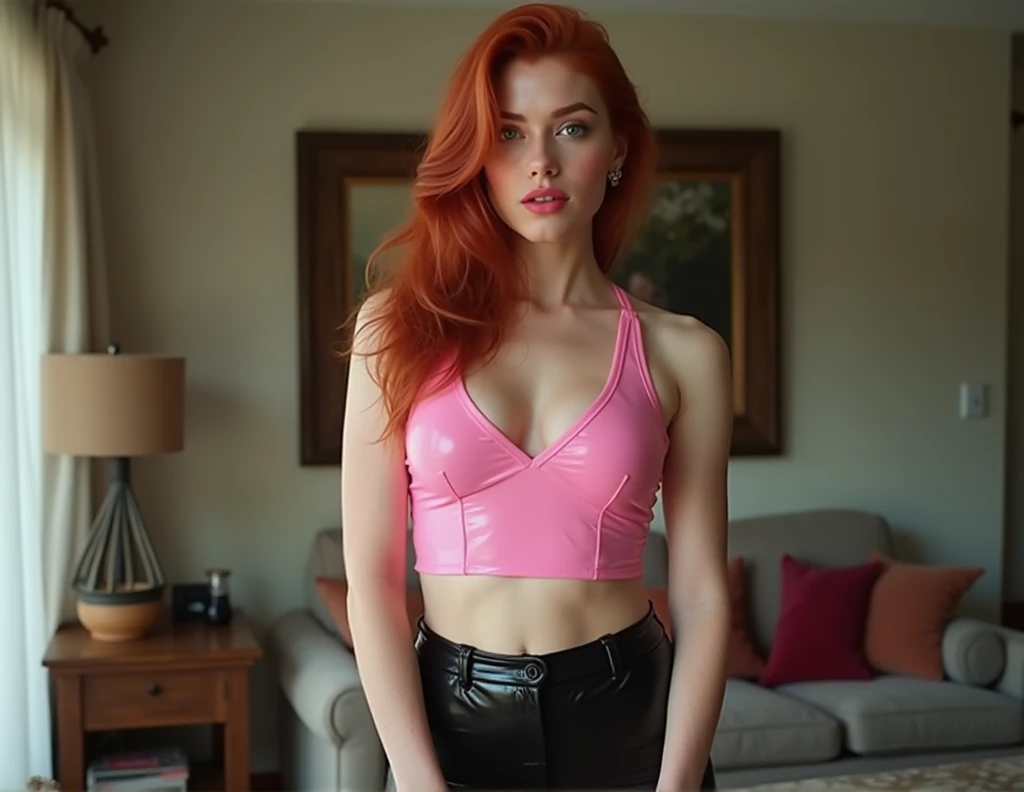 full length photo of a 20 year old girl.about., nsfv, flashing, (breast:1.1), tight pink latex top and tight black latex pants, Lady, Shaboutrt, wide hips, triangular face, pale light skin, Red hair, dark brown eyebrows, straight nose, Oily lips, aboutстрый подбородок, chest length hair, Thick hair, Good, green eyes, Полная breast, abs, flirtatious mood, pink lipstick with glossy shine, pink nails, straight teeth, masterpiece, , 8 K, award-winning, living room, RAW Photo, high quality, 35mm photography, baboutkeh, professional, 4K, very detailed