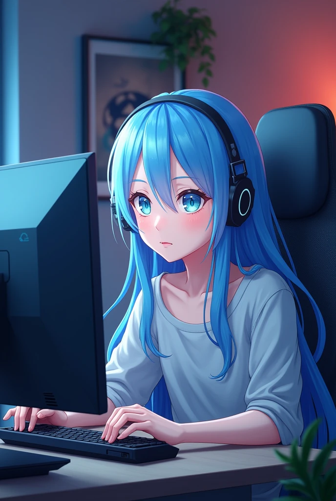 ANIME CHARACTER RIMURU YOUNG MAN WITH LONG LIGHT BLUE HAIR PLAYING ON A GAMER PC SCALE 1360X768