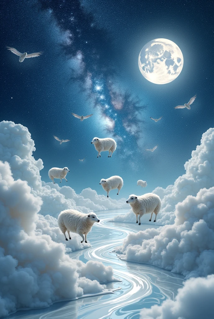 Milk flows into the Milky Way in the starry sky The moon shines and many sheep jump through the clouds