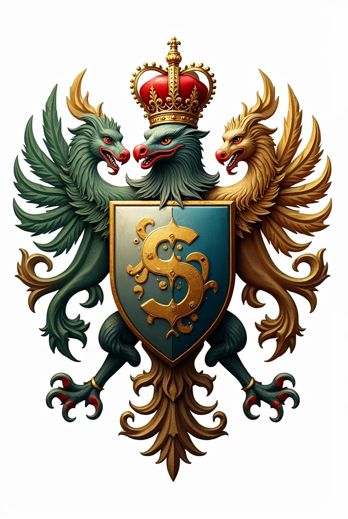 Coat of arms with colors, Unripe, gold, blue and red. written inside the coat of arms: SafeGuard. white background.