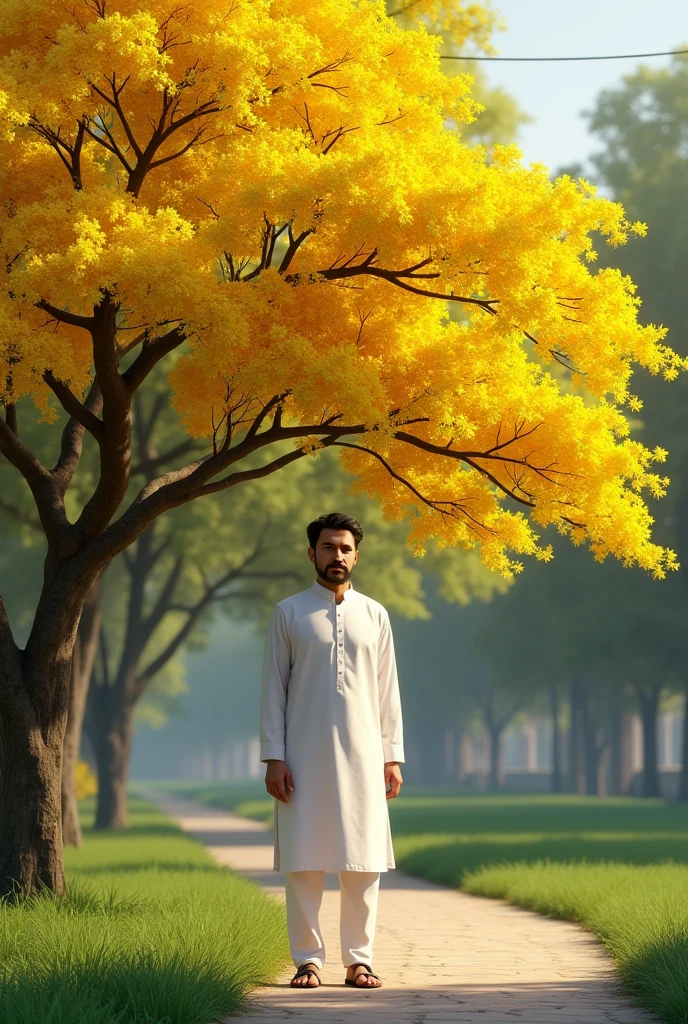 Generate an image of a man standing in a park-like setting with a vibrant yellow-flowering tree (possibly a Golden Shower or Cassia Fistula tree) dominating the scene. The man should be wearing a white traditional kurta and have short dark hair with a mustache. He is standing on a paved path with green grass on either side. In the background, there are more trees and some buildings visible. The overall scene should have a bright, sunny atmosphere with rich colors, particularly the brilliant yellow of the flowering tree contrasting with the lush green surroundings.
