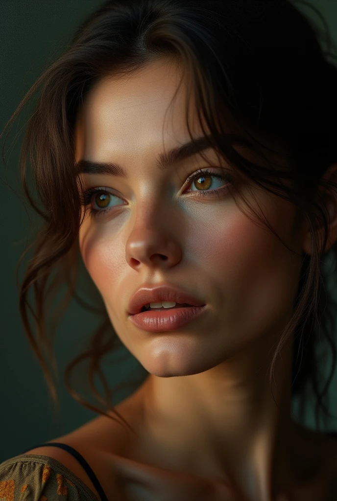 A highly detailed, emotionally intelligent portrait of a thoughtful woman, dramatic lighting, soft focus, realistic, oil painting, dramatic colors, cinematic composition