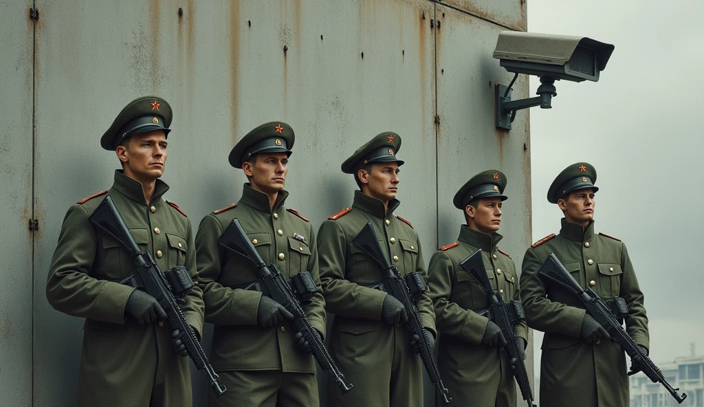 Make a picture of a wall, with surveillance pens and armed soldiers,, as in the period of the Soviet Union