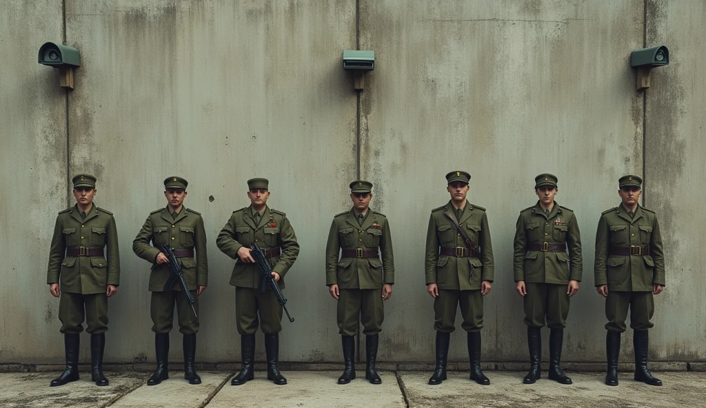 Make a picture of a wall, with surveillance pens and armed soldiers,, as in the period of the Soviet Union