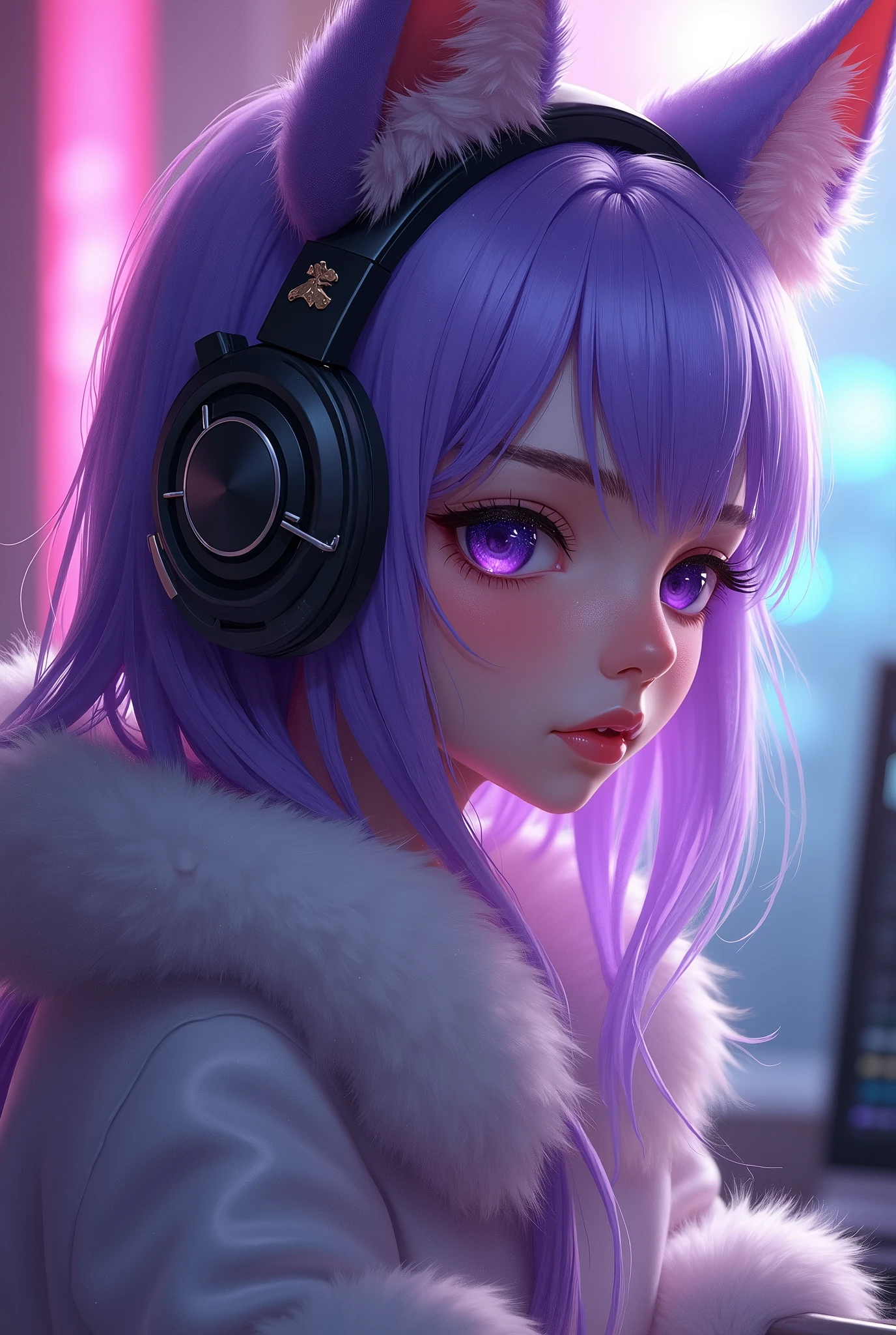 Realistic 1 girl, Profile, violet fur, purple eyes, with dj headphones 