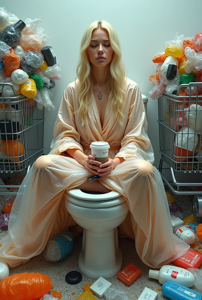 Concept: A blonde woman dressed in a robe made entirely of plastic bags, sitting on a toilet in the middle of a landfill. She’s surrounded by empty shopping carts, each filled with more plastic waste. In her hands, she holds a credit card and a disposable coffee cup, her face serene as if in meditation.