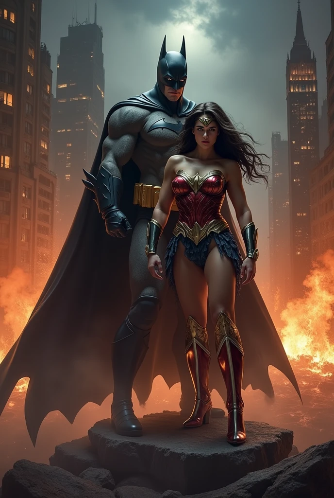 wonder woman nude and Batman in real art, night in the ciy gotica in fire