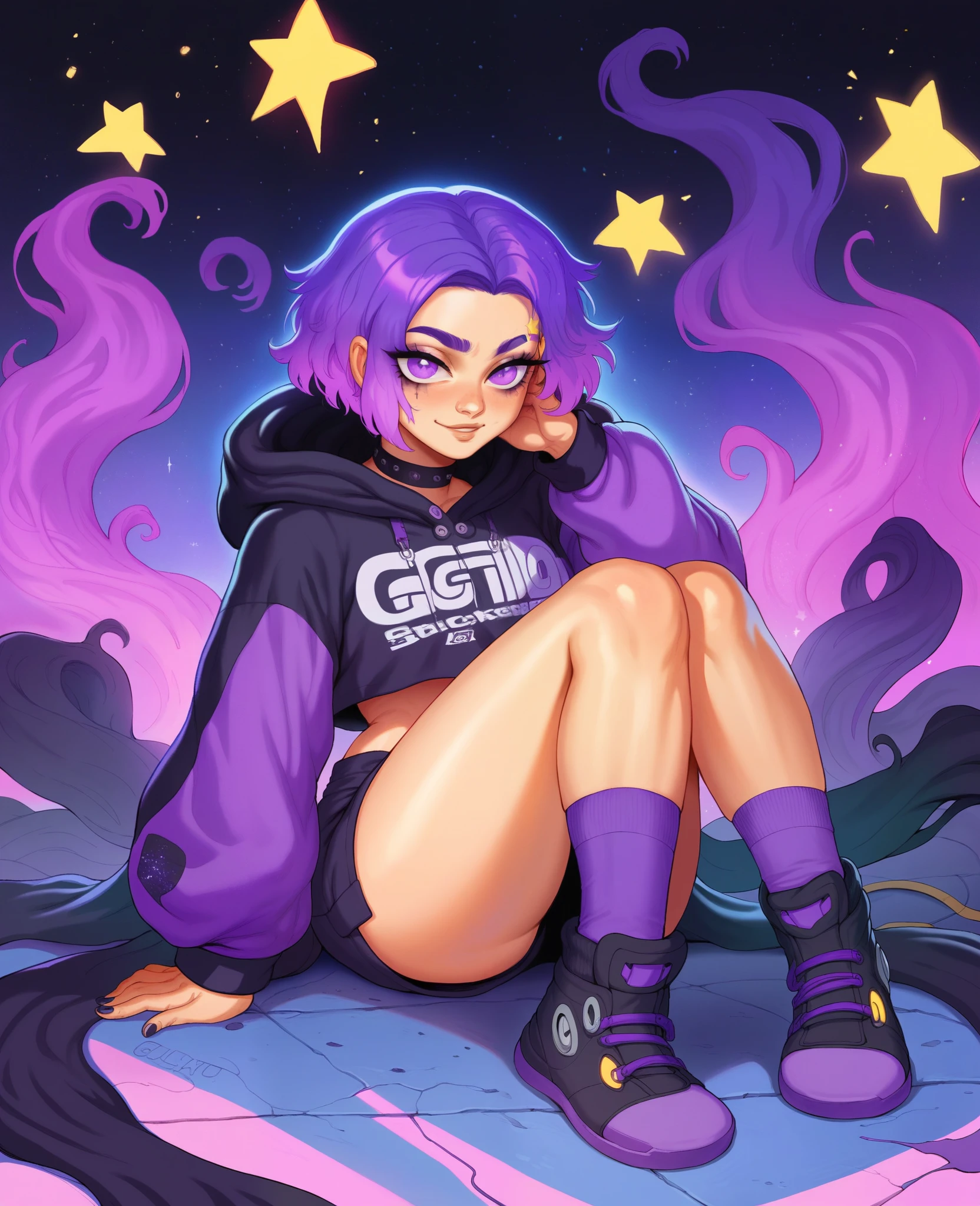 ,long galactic hair on the floor too long purple eyes,galactic sweatshirt,short preto,dark purple socks, Cheerful Face,dark purple galaxy hair with light purple,little yellow stars in hair,goddess,background galático