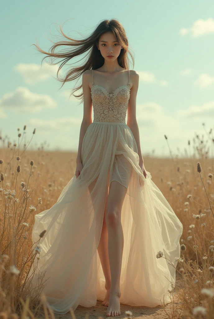 ((best qualityer, 8k, work of art: 1.3)), 1 girl, Slender Beauty: 1.3, (long hair: 1.2), flowered dress, Legs long: 1.1, Super thin face, thin eyes, Double eyelids, open air