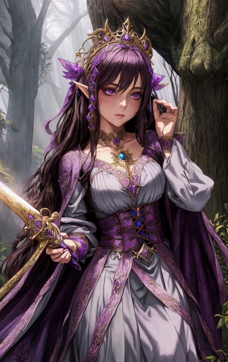 A woman in a purple dress is holding a sword in the forest, Beautiful fantasy maiden, 2. 5d cgi anime fantasy artwork, fantasy character pictures, Beautiful Witch, Fantasy art style, Enchanting Elven Princess Knight, epic Fantasy art style hd, a Beautiful Witch, Fantasy-style anime, Epic fantasy style, Gorgeous cosplay, Fantasy style clothing