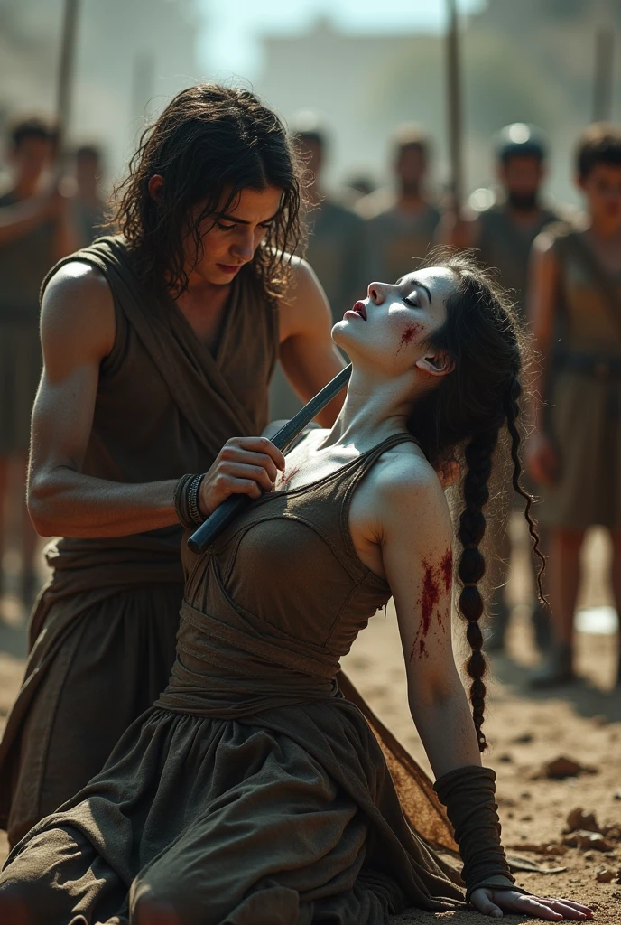 Realism, super quality, action photography style, a defeated woman kneels, her son (12 years) holds the tip of a sword to a woman's throat, knife stab in the throat, Her head is thrown back strongly, the woman has a large manly Adam's apple, (woman is 30 year old warrior, throat slit, gothic makeup, pale skin, long hair) (son is ) ancient greece battle