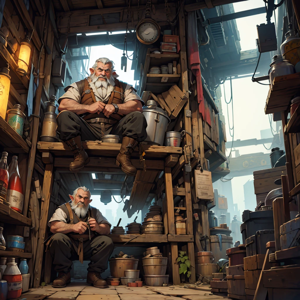 Old dwarf working in his workshop, in a cyberpunk setting
