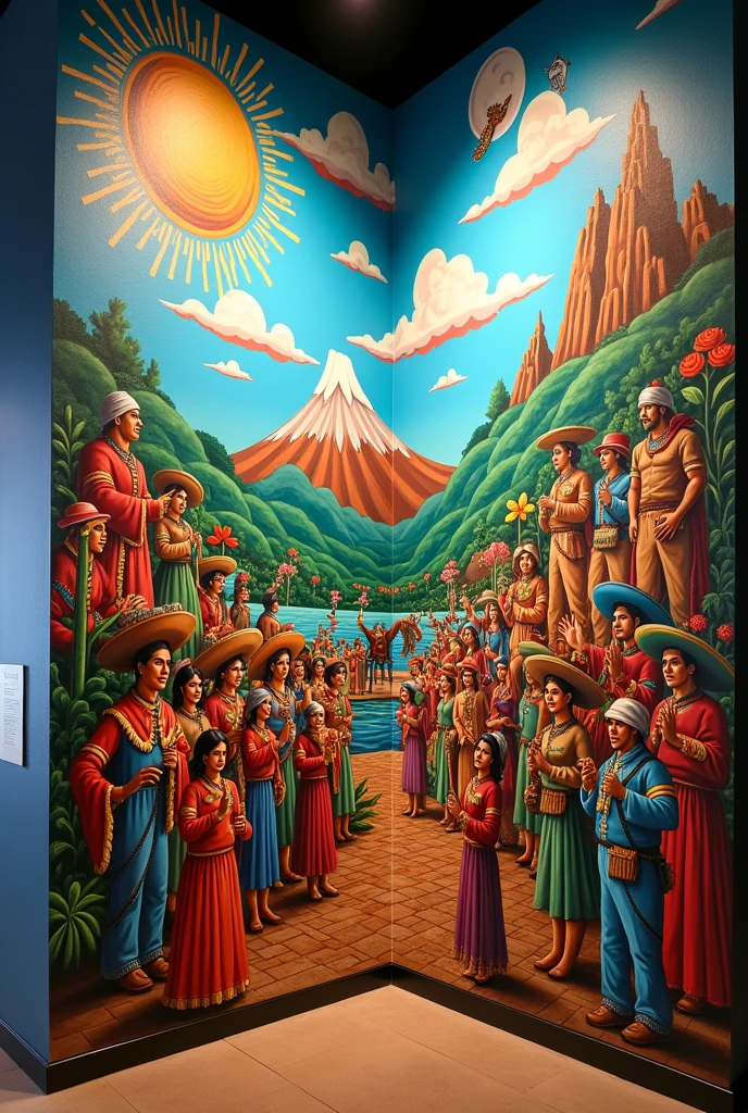 mural about Mexico including the national symbols, traditions, gastronomy. the story. the territory, music and dance, religion, flora and fauna and the architecture of Mexico