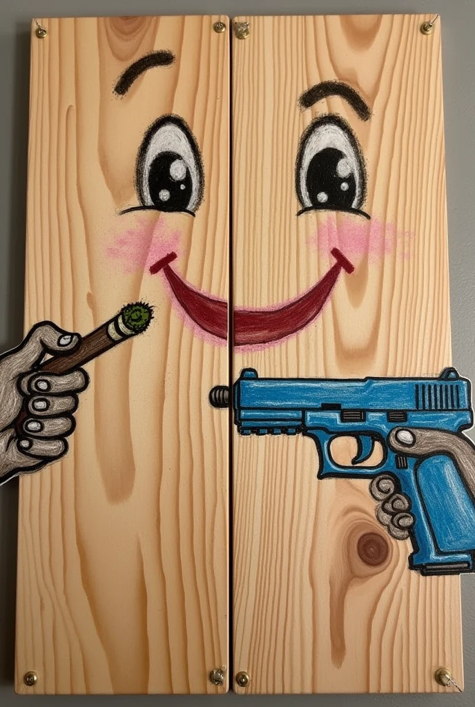 Drawing of a wooden plank with a happy face drawn with crayon and in one hand a joint of marijuana and on the other hand a gun pointing forward