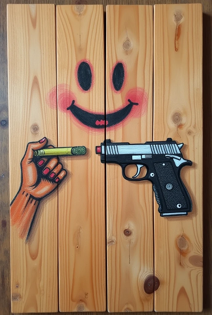 Drawing of a wooden plank with a happy face drawn with crayon and in one hand a joint of marijuana and on the other hand a gun pointing forward