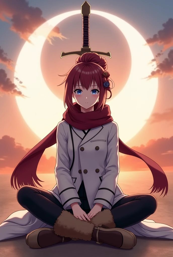 oc anime female, human race, fair skin and medium strong body, long hair, dark red in color and eyelashes of the same color, traditionally Japanese tied hair hairstyle, iris and indigo colored eyes, white pupil, would wear a scarf that would cover from his neck to his shoulders serving as a cape and having some defects in its wine-colored edges, white buttoned coat, reaching the height of the knees, with medium and rolled up sleeves with black details on the clothing, black pants and furry brown boots, would be sitting cross-legged behind a large divine-looking sword, watching the sunrise, while emanating a white aura through his body and the sword.