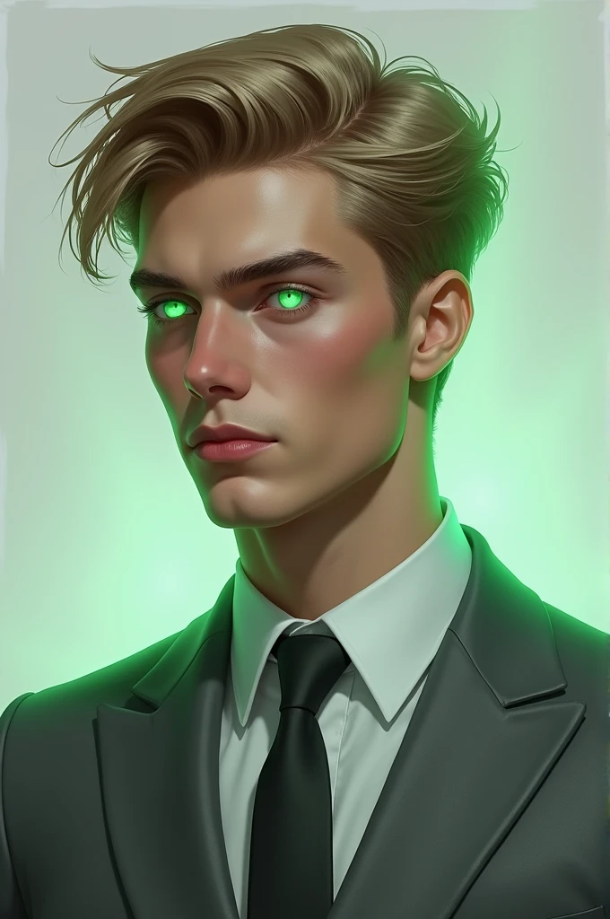 Realistic drawing of a young man, green eyed blonde, extremely handsome, with a grey suit, smiling, sideways, phosphorescent green light