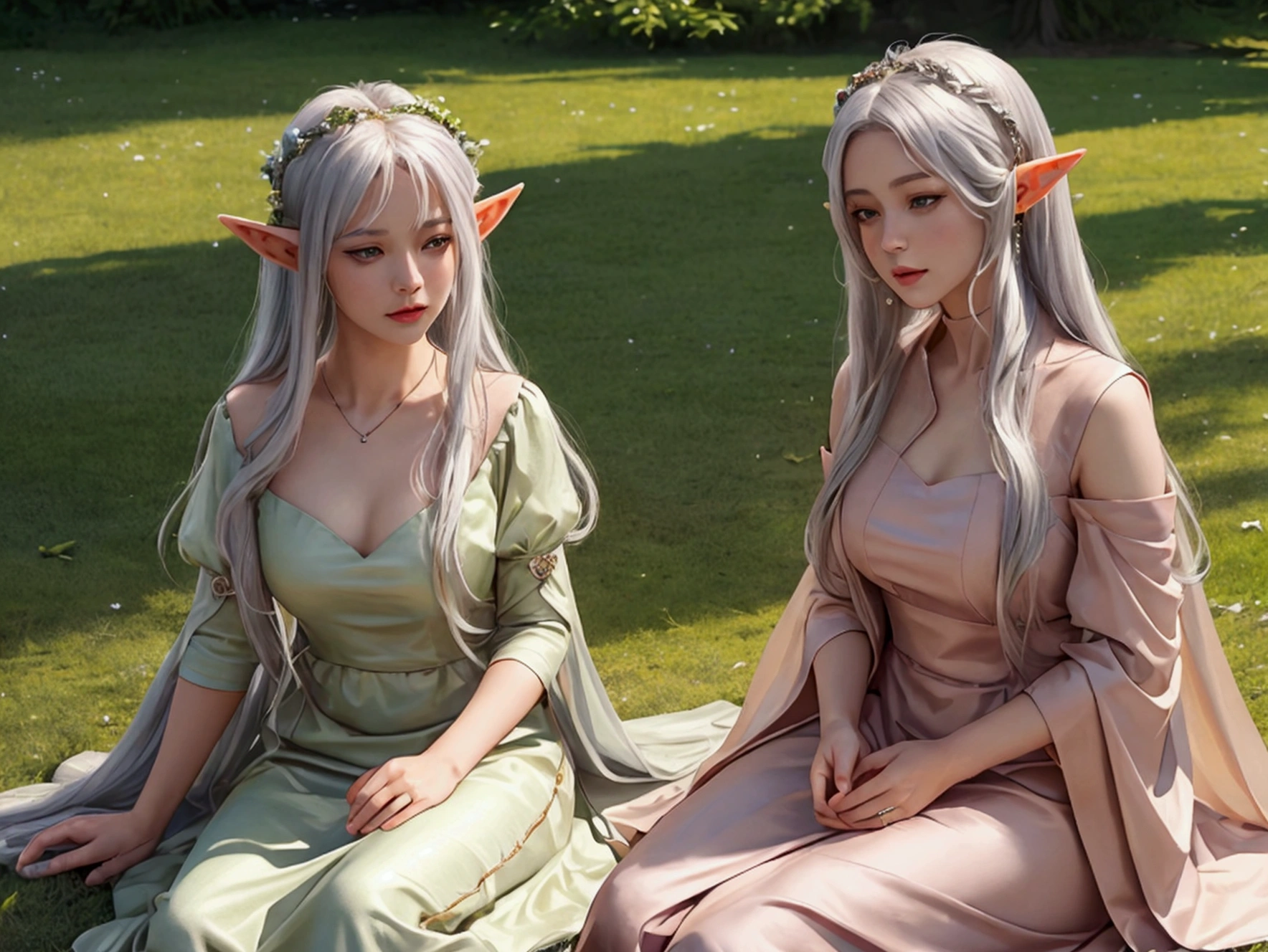 Highest image quality, outstanding details, ultra-high resolution, (realism: 1.4), the best illustration, favor details, highly condensed 2girls, a very beautiful adult female elf wearing a cream orange v neck dress with silver hair. And a very beautiful adult female elf wearing a magenta cream colored v neck outfit. They were sleeping on the grass and looking at the sky. The background is a green field with a beautiful hill behind it. Full body portrait. Masterpiece