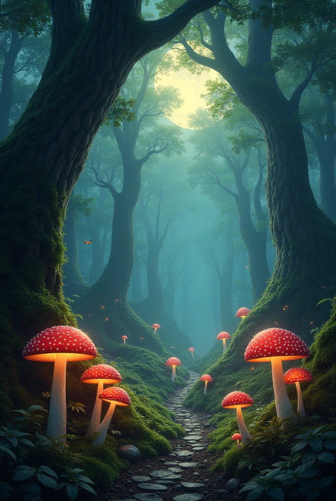 mystical forest with mushrooms,  fly agaric and fireflies