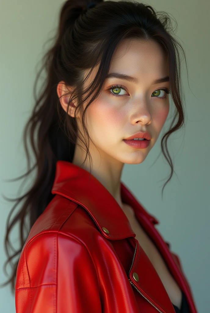 A hyper-realistic three-quarter view in 8K of a beautiful green-eyed woman with long hair, tied in a ponytail, deep porcelain skin. Looking straight ahead, She wears a red leather jacket. Soft lighting. Few details,