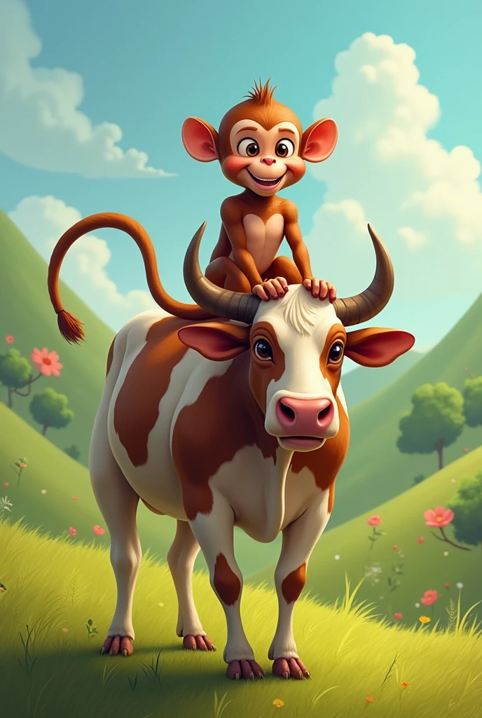 A monkey riding a cow 