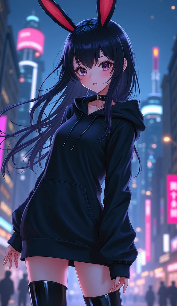 Anime girl、masterpiece, highest quality, very detailed、black hair、long hair without bangs、Shiny flowing hair、black eyes、Tree eyes、black colored hoodie with bunny ears, black skirt、black thigh high tall boots with heel、diagonal angle、midnight、Background of the city, sexy, black choker necklace, 8k