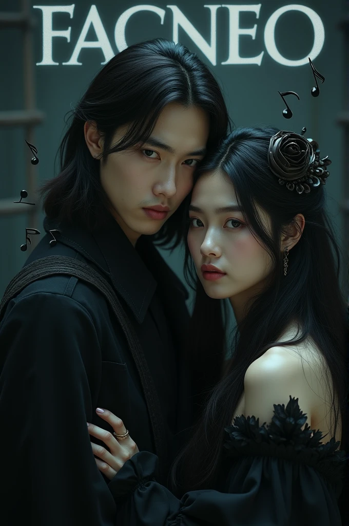 Asian boy man who looks like DPR ian and who has long hair and in the background is written the word facneo and who is in a dark place and who has black musical notes around him and who is hugging a pretty girl and both of them are looking straight ahead