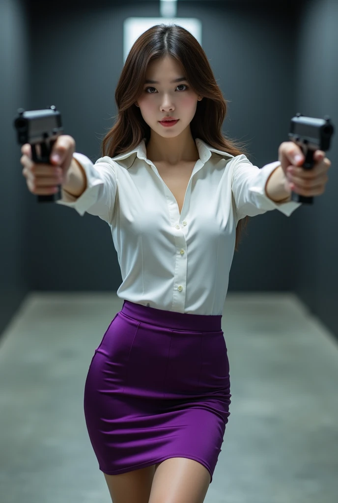 real person realistic beautiful korean office lady white shirt tight mini skirt satin violet stance open legs spreading arms straighten full portrait gun sexy legs aiming target practice pointing at you firing indoor shooting range ready to shoot serious look