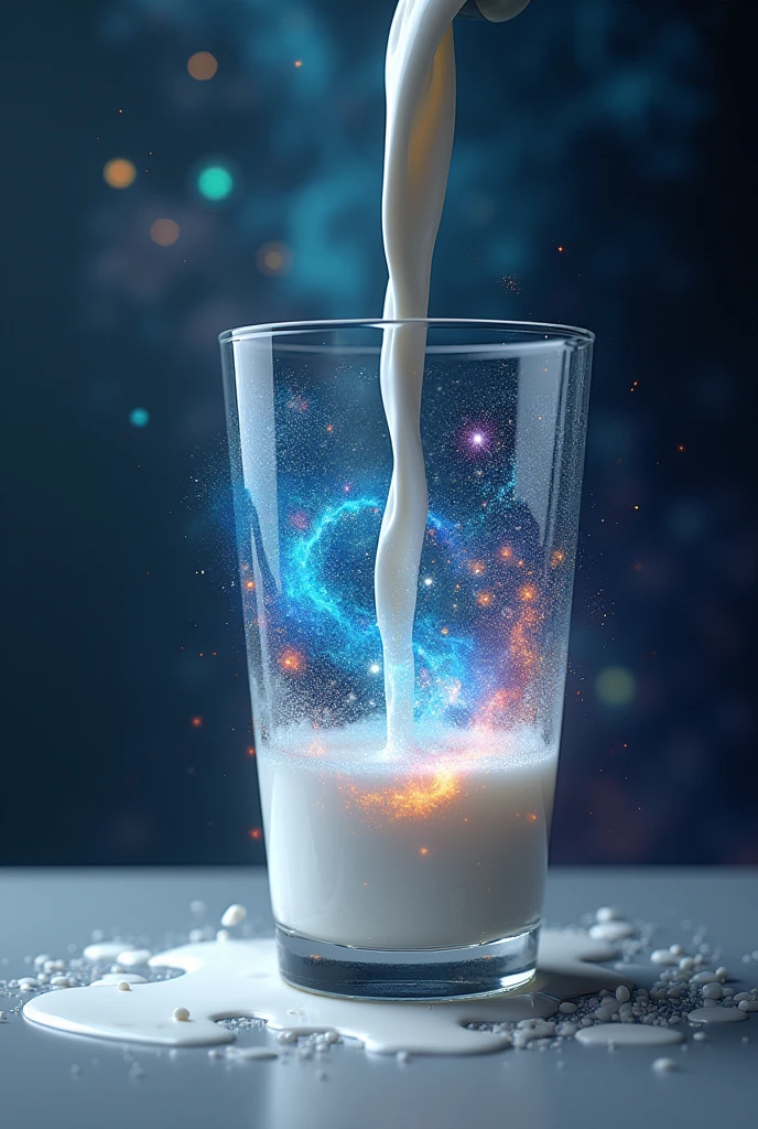 Milk runs into a glass with a universe in it