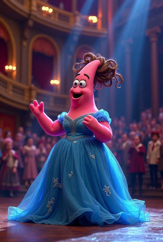Patrick star singing helples from the hamilton musical dressed as Eliza scharlet first performance in blue on the stage of the musical Hamilton in love