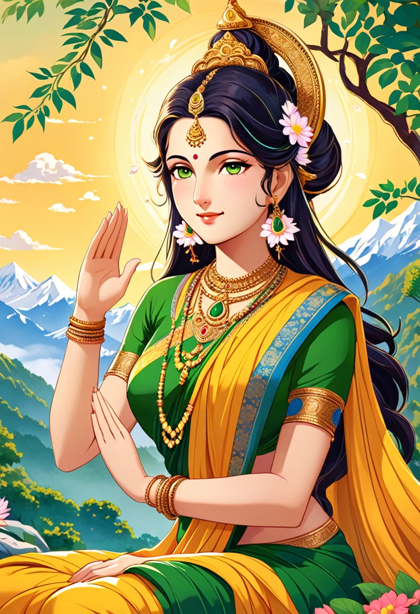 Goddess Parvati, the embodiment of love and devotion, depicted in a serene and graceful pose, sitting by the side of Lord Shiva. She has a gentle smile, her eyes filled with affection and peace. She wears a beautiful, vibrant sari in shades of yellow and green, adorned with delicate jewelry and flowers. Her hands are in a blessing gesture, and she is surrounded by an aura of soft, golden light. The background is a peaceful Himalayan landscape, with snow-capped mountains and lush greenery, symbolizing her connection with nature. The art style is calm and harmonious, with soft colors and flowing lines that reflect her nurturing and loving nature.