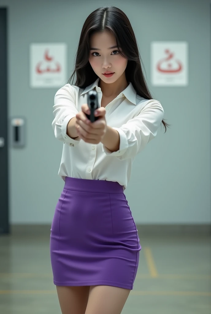 real person realistic beautiful korean office lady white shirt tight mini skirt satin violet stance open legs spreading arms straighten full portrait gun sexy legs apart open aiming target practice pointing at you firing indoor shooting range ready to shoot serious look