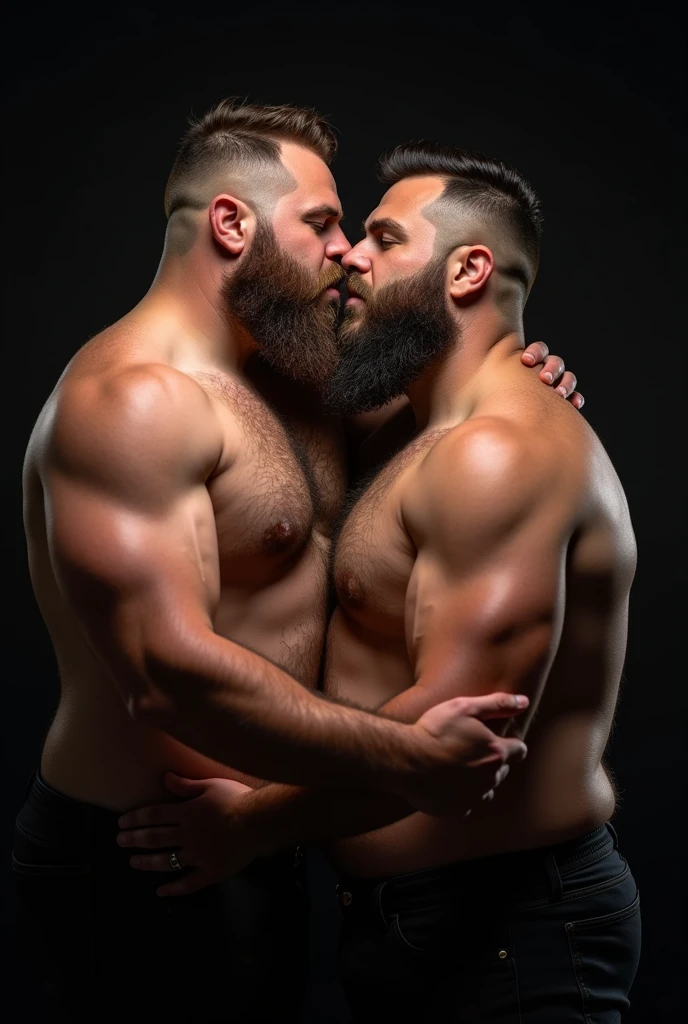 "8KUHD HDR Very Realistic Very Real Very Detailed High Quality Create a professional studio-style photograph featuring two 4 men, 8K hdr burly, 8K hdr hairy, 8k hdr beared big sexy chubby daddy bear, and 8K hdr very realistic detailed rugged man and his husband in boxers. 8K Hdr very realistic beards, 8K very hdr realistic hair, 8K very hdr realistic beards, 8K hdr very realistic thick chubby fat neck, 8K hdr very realistic neck, 8K hdr very realistic neck details, 8K hdr very realistic neck lines, 8K hdr very realistic belly, 8K hdr very realistic chest, 8K hdr very realistic strong chest and arms, 8K hdr very realistic hairy chest and arms, 8K hdr very realistic pecs, 8K hdr very realistic burly body, 8K hdr very realistic nipples, 8K hdr very realistic burly body, 8K hdr very realistic face, 8K hdr very realistic eyes, 8K hdr very realistic nose, 8K hdr very realistic ears, 8K hdr very realistic facial features, 8K hdr very realistic arms, 8K hdr very realistic hands, 8K hdr very realistic wrists, 8K hdr very realistic fingers, 8K hdr very realistic fingernails, 8K hdr very realistic shoulders, 8K hdr very realistic mouth, 8K hdr very realistic skin textures, 8K hdr very realistic textures, 8K hdr very realistic extricate detailing, 8K hdr very realistic lips, 8K hdr very realistic detailed skin, 8K hdr very realistic skin, 8K hdr very realistic heads, 8K hdr very realistic ears, 8K hdr very realistic nose, 8K hdr very realistic facial features, 8K hdr very realistic mens clothing, 8K hdr very realistic detailed mens clothing. 8K HDR A very realistic man and his husband are kissing each other, 8K HDR very realistically kissing each other, in a 8K HDR very realistic romantic and HDR virile scene. 8K HDR Very Realistic Intricately Detailed, 8K HDR Utilize all appropriate lighting techniques for studio photography. 8K HDR The background should be black." No Deformities, 8K HDR "everything is very realistic real life 8K HDR"