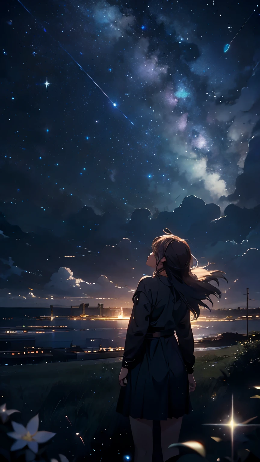 Starry Sky, A girl thinking about space, fluffy, Realistic, Airglow refraction, Nikon D850 film stock photos、Photo by Lee Jeffries ,Beautiful anime scenery, Fantasy, 8k
