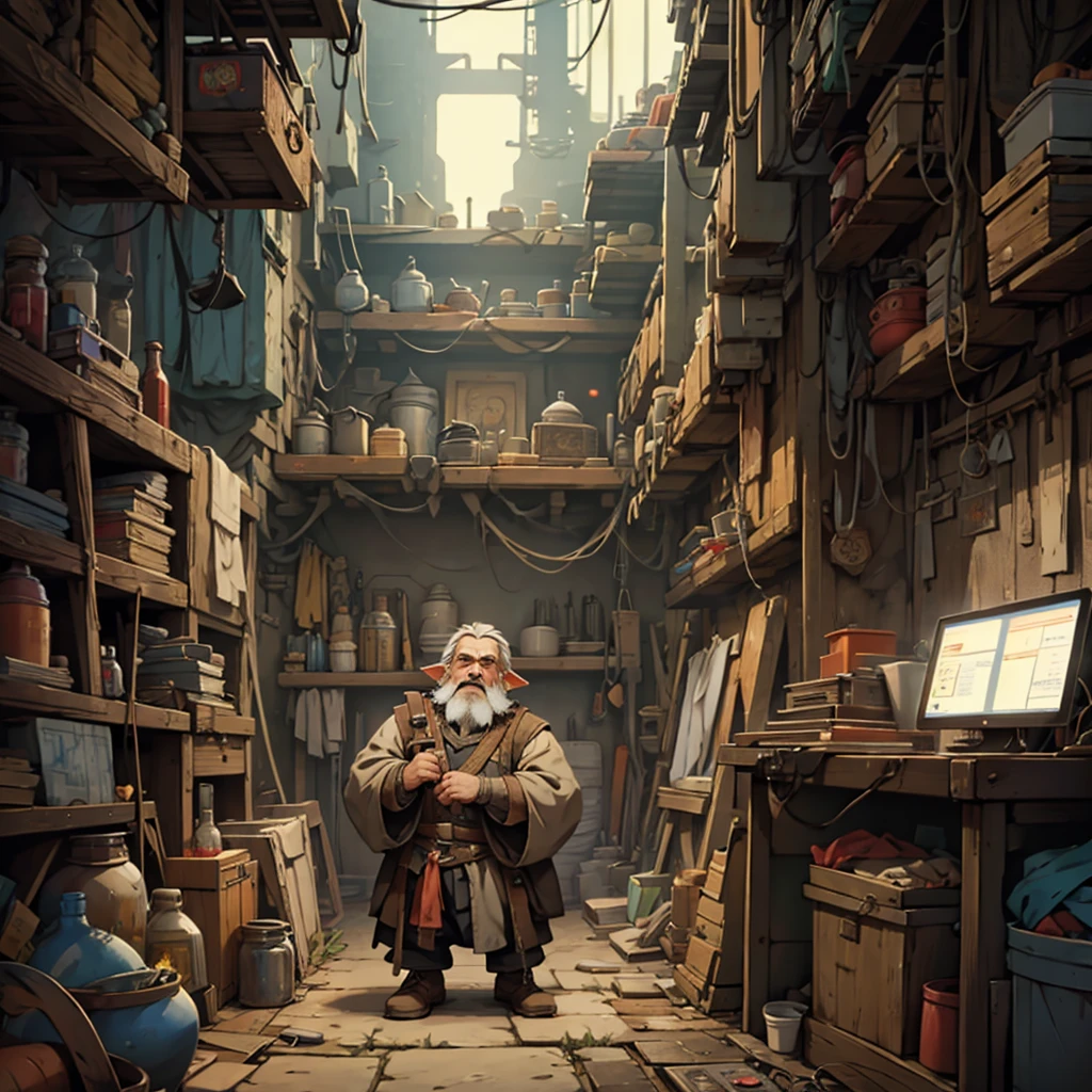 Old dwarf working in his technological workshop, in a cyberpunk setting