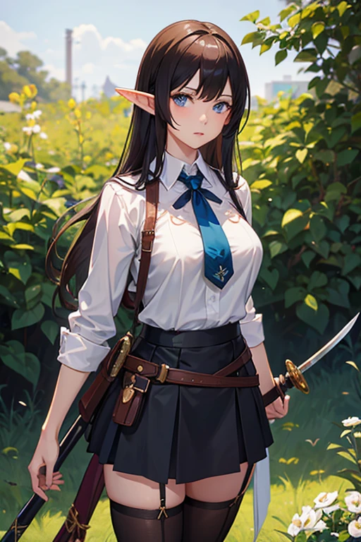 Young woman, elf, Academic Form, black loose skirt to the thighs, White shirt, scabbard with sword, standing in the backyard, brown hair, Blue eyes, (Realism),breast size F