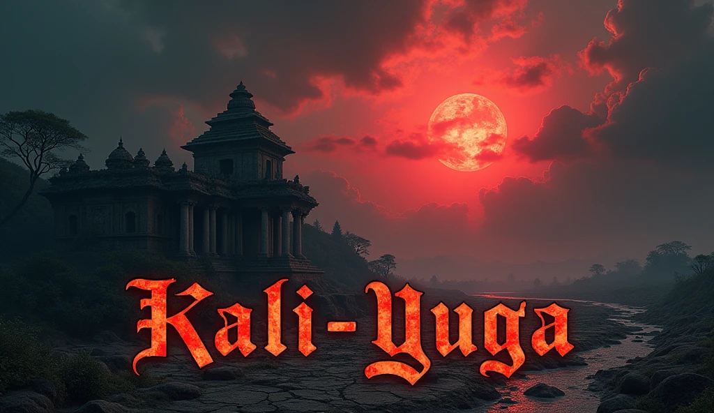 "A striking, realistic-style thumbnail image depicting the end of the Kali Yuga. The scene shows a dark, ominous sky with thunderous clouds and a setting blood-red sun on the horizon, symbolizing the last day of Kali Yuga. In the foreground, a ruined temple, partially covered with overgrown vines, represents the decay of spirituality. The barren landscape features cracked earth and dry rivers, signifying the destruction of natural resources.The text 'The Last Day of Kali Yuga' is prominently displayed in bold, ancient script, slightly weathered, and glowing faintly, adding a mystical and foreboding touch to the image."